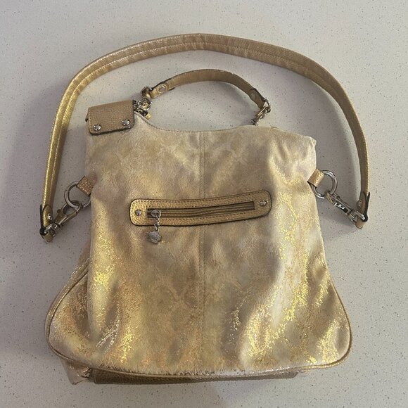 Kathy Van Zeeland Gold Metallic Shoulder Bag Studded Glam Purse Slouchy Tote Vtg - Picture 11 of 14